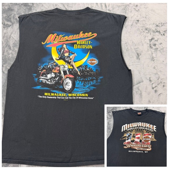 Harley-Davidson Other - Harley 110th Anniversary Pinup Babe Sleeveless Shirt Mens XL Black Tee